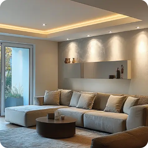 Sofa in Wohnbereich mit Spots an der Decke