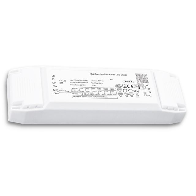 LED Konstantstrom-Trafo 700/800/900/950/1050/1200mA, 40W, Push/1-10V/DALI dimmbar, SELV