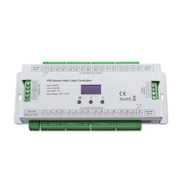 Treppenlicht-Dimmer 5-24V/DC, 32x1A und SPI-Output, 2 PIR Sensor und 2 Push-Tast Eingänge