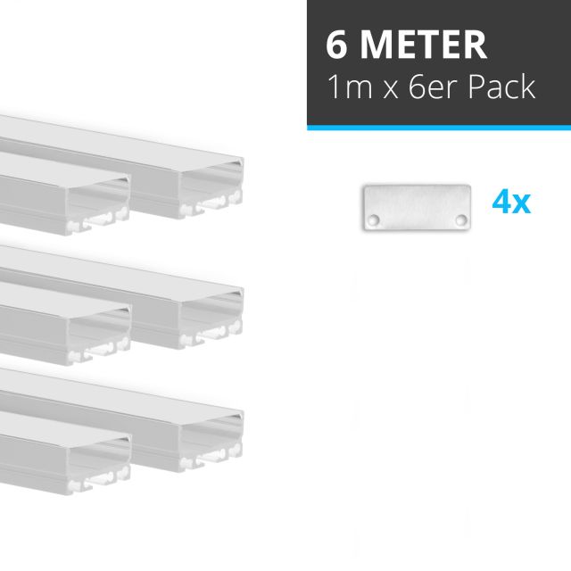 LED Aufbauprofil Mini24 Set, 600cm (6x 100cm), Alu eloxiert, inkl. Endkappen