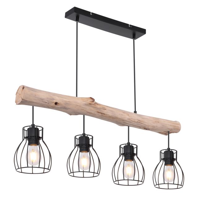 LED Hängeleuchte, Metall schwarz/Holz natur, exkl. 4x E27 Leuchtmittel