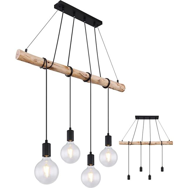 LED Hängeleuchte, Metall schwarz matt/Holz natur, exkl. 4x E27 Leuchtmittel