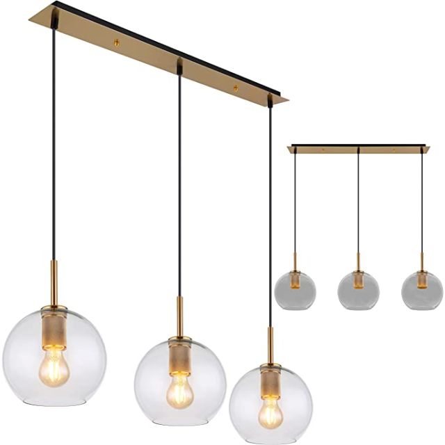 LED Hängeleuchte, Metall messingfarben/Glas klar, schwarze PVC Kabel
