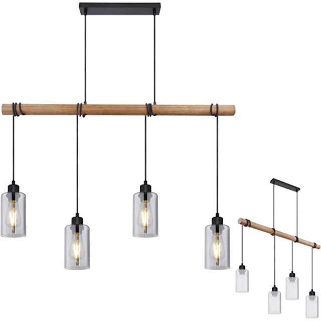 LED Hängeleuchte, Metall schwarz matt/Holz matt, Glas, schwarze Textilkabel