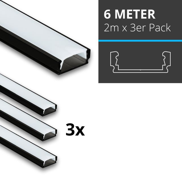 Profi LED SET 6M (3x2M) Aufbauprofil Mini 12 schwarz inkl. klarer Abdeckung