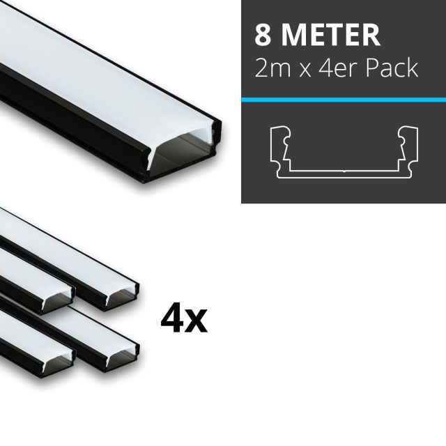 Profi LED SET 8M (4x2M) Aufbauprofil Mini 12 schwarz inkl. klarer Abdeckung