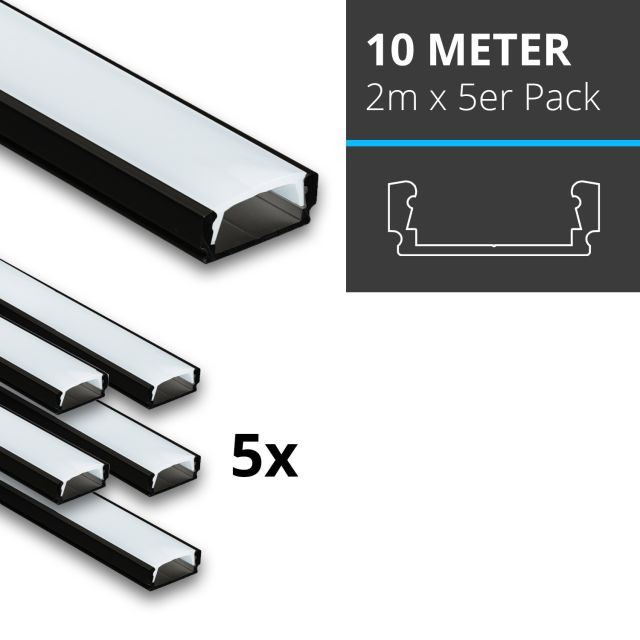 Profi LED SET 10M (5x2M) Aufbauprofil Mini 12 schwarz inkl. klarer Abdeckung