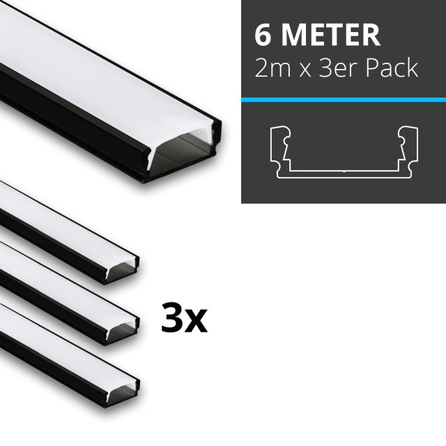 Profi LED SET 6M (3x2M) Aufbauprofil Mini 12 schwarz inkl. milchiger Abdeckung