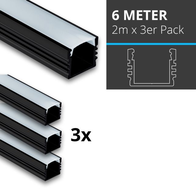 Profi LED SET 6M (3x2M) Aufbauprofil Midi 12 schwarz inkl. klarer Abdeckung