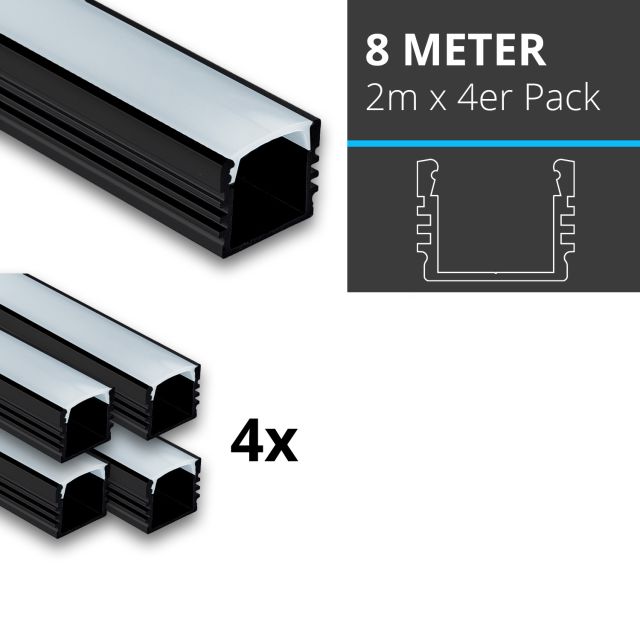 Profi LED SET 8M (4x2M) Aufbauprofil Midi 12 schwarz inkl. klarer Abdeckung