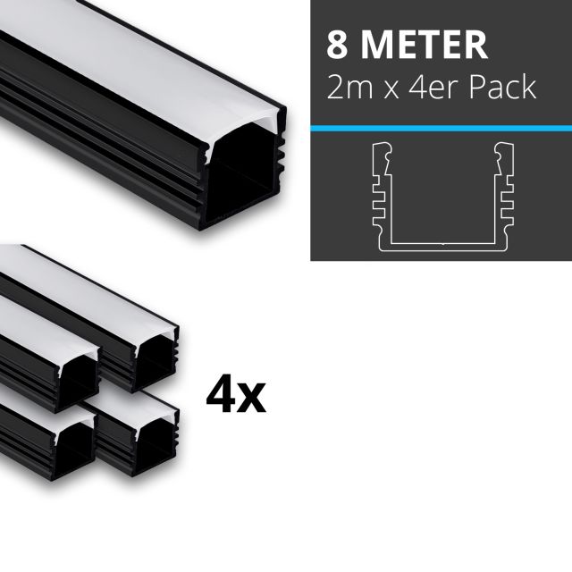 Profi LED SET 8M (4x2M) Aufbauprofil Midi 12 schwarz inkl. milchiger Abdeckung