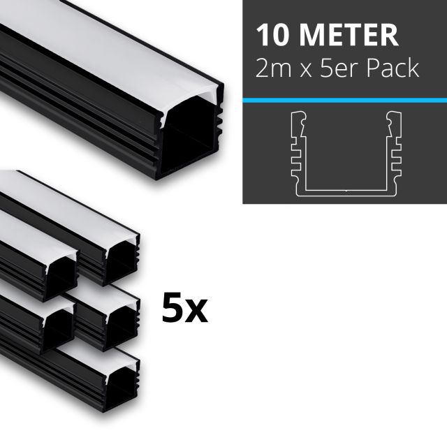 Profi LED SET 10M (5x2M) Aufbauprofil Midi 12 schwarz inkl. milchiger Abdeckung