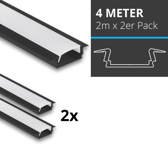 Profi LED SET 4M (2x2M) Einbauprofil Mini 12 schwarz inkl. milchiger Abdeckung