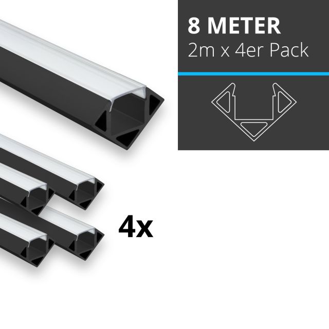 Profi LED SET 8M (4x2M) Eckprofil Mini 11 schwarz inkl. milchiger Abdeckung