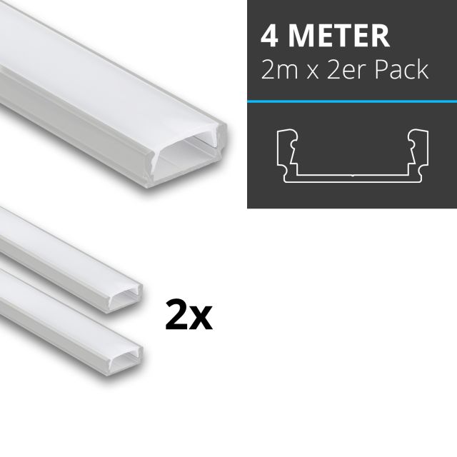 Profi LED SET 4M (2x2M) Aufbauprofil Mini 12 opal inkl. milchiger Abdeckung