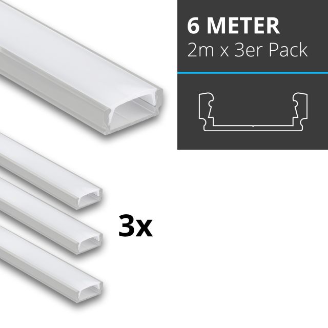 Profi LED SET 6M (3x2M) Aufbauprofil Mini 12 opal inkl. milchiger Abdeckung