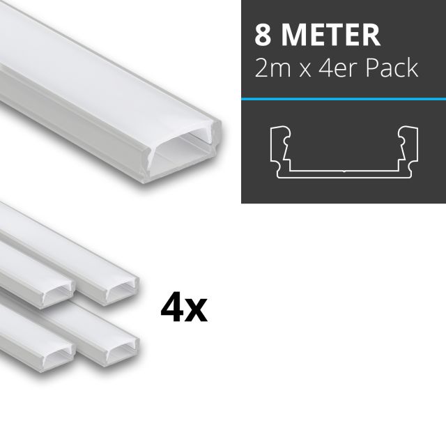Profi LED SET 8M (4x2M) Aufbauprofil Mini 12 opal inkl. milchiger Abdeckung