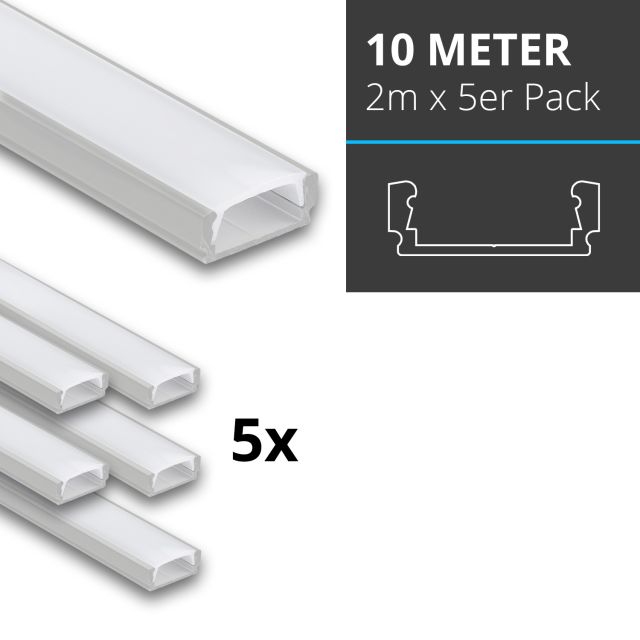 Profi LED SET 10M (5x2M) Aufbauprofil Mini 12 opal inkl. milchiger Abdeckung