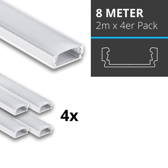 Profi LED SET 8M (4x2M) Aufbauprofil Mini 12 weiss inkl. milchiger Abdeckung