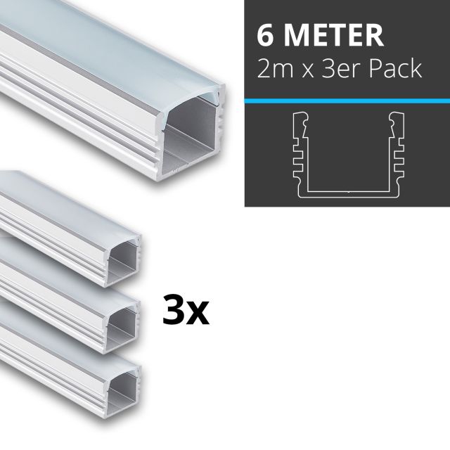 Profi LED SET 6M (3x2M) Aufbauprofil Midi 12 klar inkl. Abdeckung klar