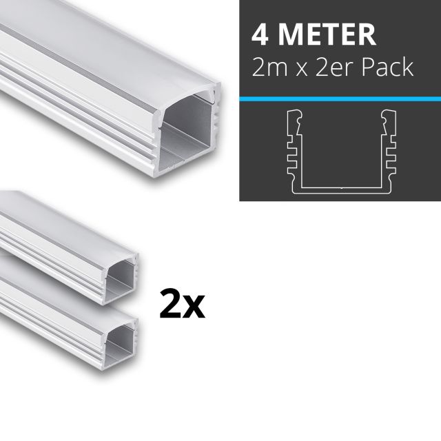 Profi LED SET 4M (2x2M) Aufbauprofil Midi 12 opal inkl. milchiger Abdeckung