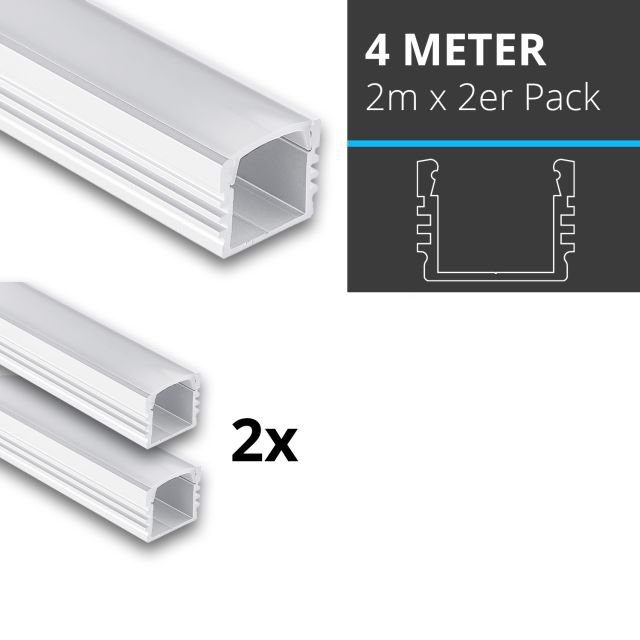 Profi LED SET 4M (2x2M) Aufbauprofil Midi 12 weiss inkl. milchiger Abdeckung