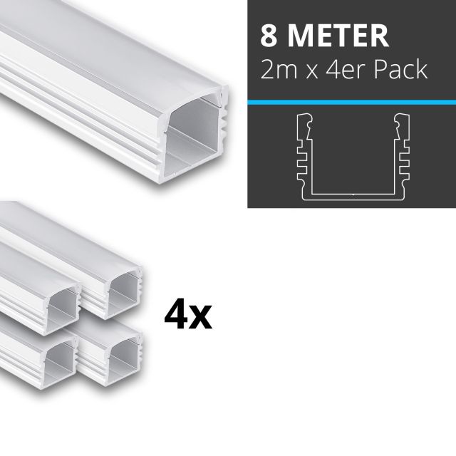 Profi LED SET 8M (4x2M) Aufbauprofil Midi 12 weiss inkl. milchiger Abdeckung