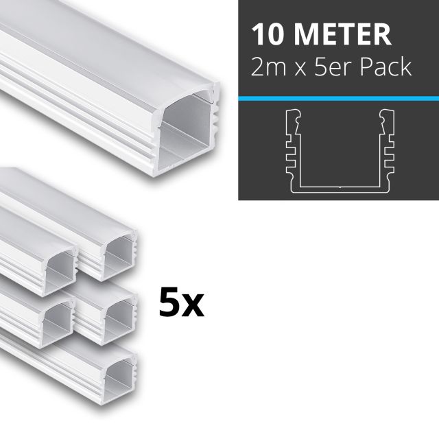 Profi LED SET 10M (5x2M) Aufbauprofil Midi 12 weiss inkl. milchiger Abdeckung
