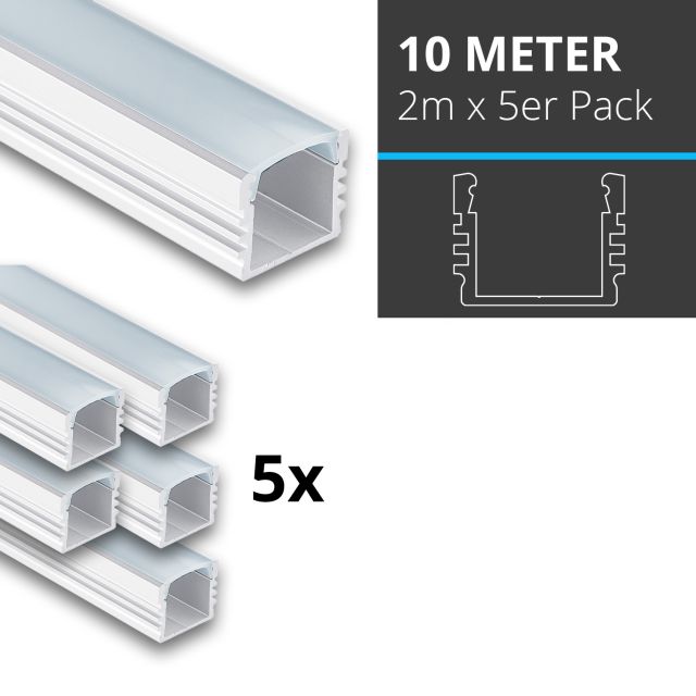 Profi LED SET 10M (5x2M) Aufbauprofil Midi 12 weiss inkl. Abdeckung klar