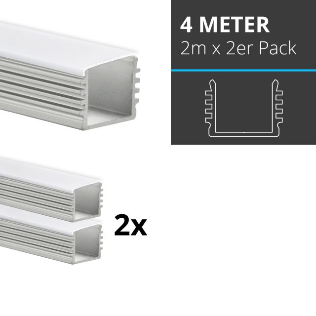 Profi LED SET 4M (2x2M) Aufbauprofil Maxi 12 inkl. flacher milchiger Abdeckung