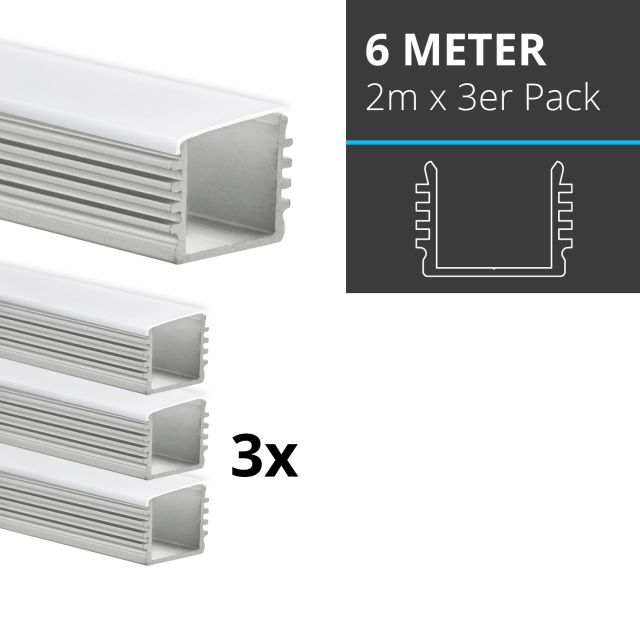 Profi LED SET 6M (3x2M) Aufbauprofil Maxi 12 inkl. flacher milchiger Abdeckung