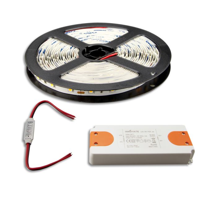 LED Streifen 5M SET 12V, 9,6W/m inkl. Mini Kabeldimmer + Trafo ECO