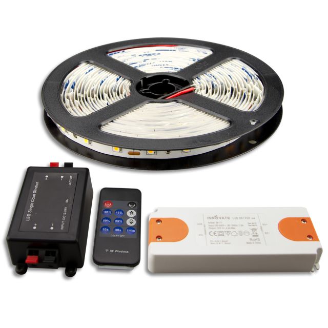 LED Streifen 5M SET 12V, 9,6W/m inkl. Funkdimmer mit Nachlaufsteuerung + Trafo E
