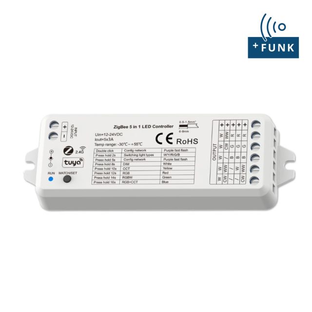 SERRI und Zigbee 3.0 Funk 1-5 Kanal PWM-Dimmer, 12-24V/DC, 5x3A