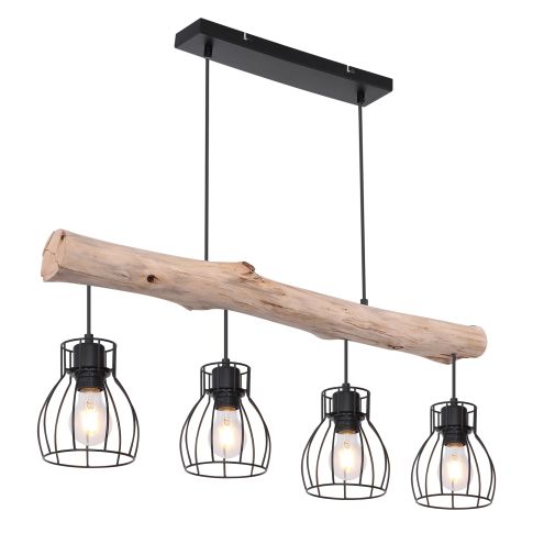 LED H&auml;ngeleuchte, Metall schwarz/Holz natur, exkl. 4x E27 Leuchtmittel