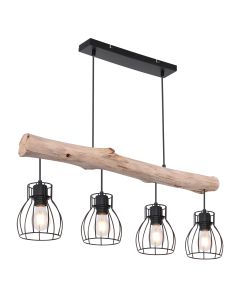 LED Hängeleuchte, Metall schwarz/Holz natur, exkl. 4x E27 Leuchtmittel